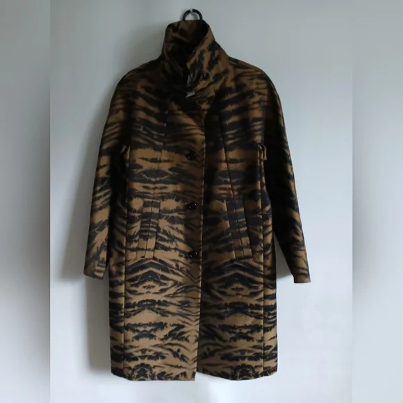 DKNY Black & Brown Animal Print Mid Length Lightweight Coat SzS Pockets - Picture 13 of 16